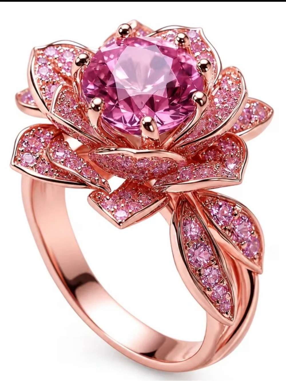 Elegant Pink Flower Cocktail Ring - Rose Gold Tone